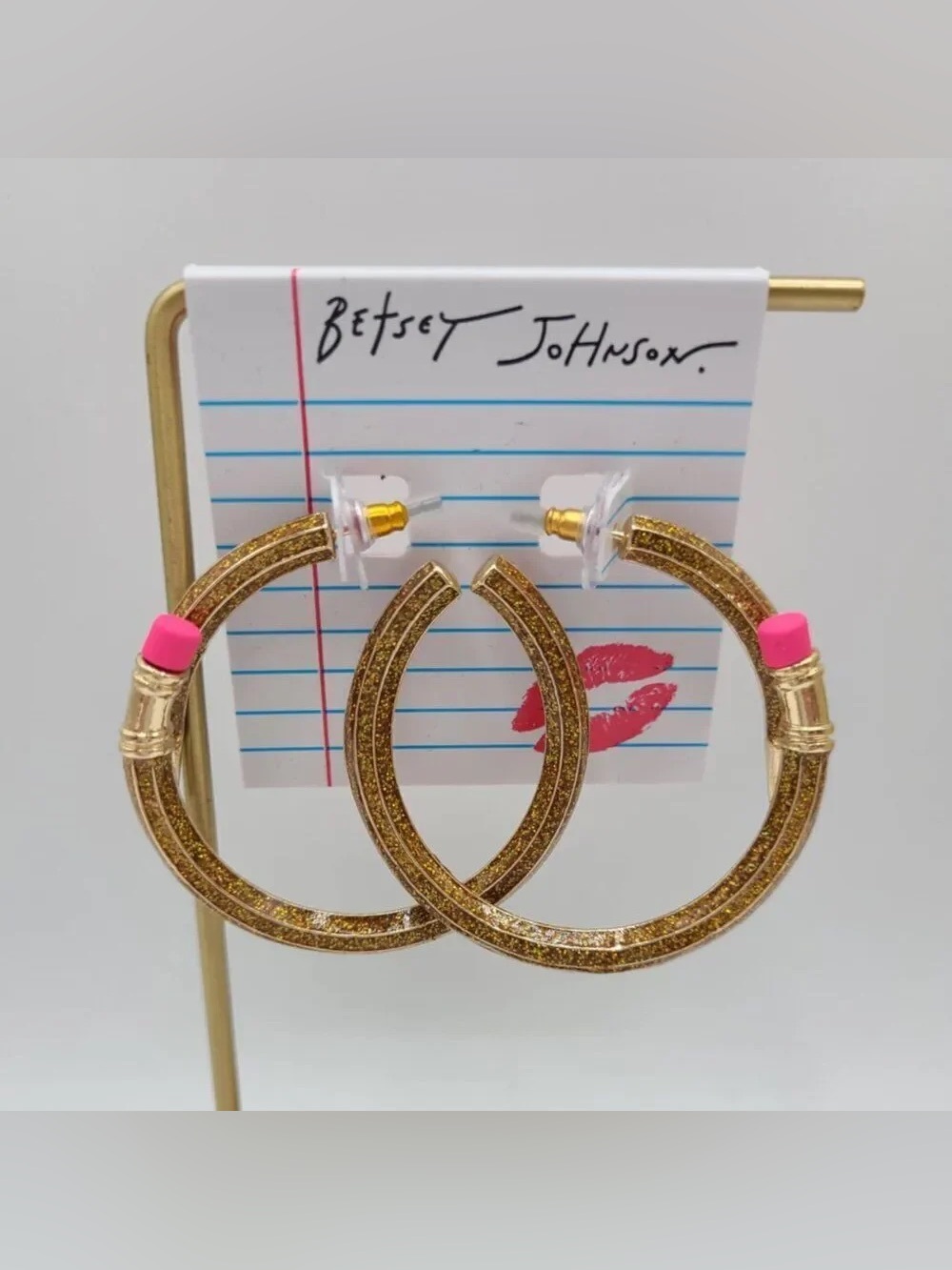 Betsey Johnson Gold Glitter Pencil Hoop Earrings Pink Eraser New in Box